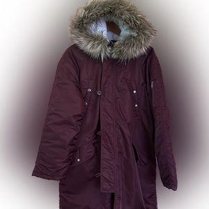 American Eagle women’s Military Parka Coat XL Burgundy Faux Fur Hood jacket